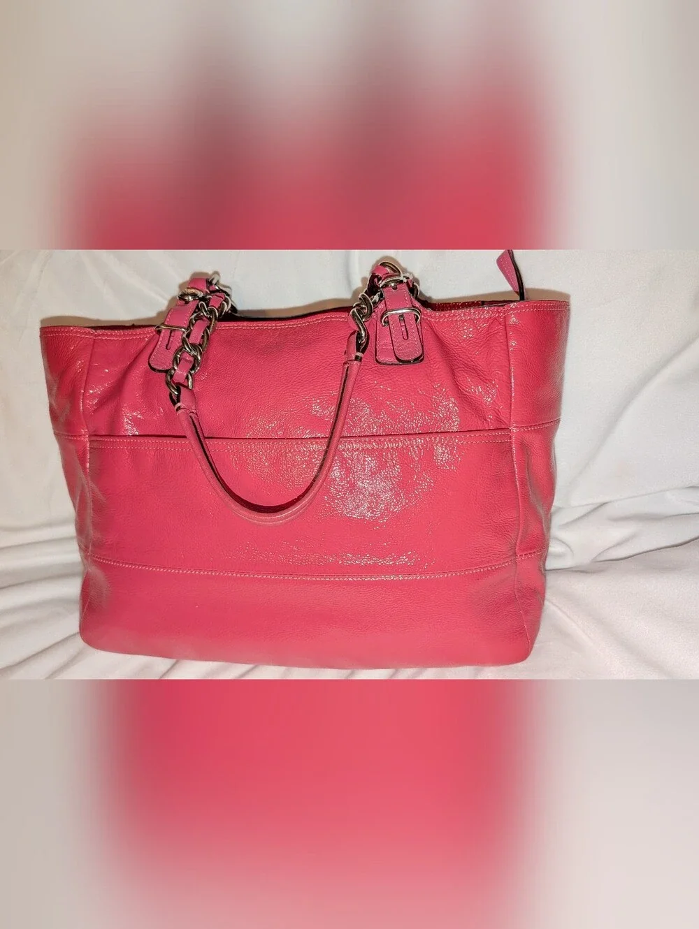 Coach Madison Tribeca Patent Leather Tote Bag Chain Strap Pink Silver VGUC - Picture 5 of 14